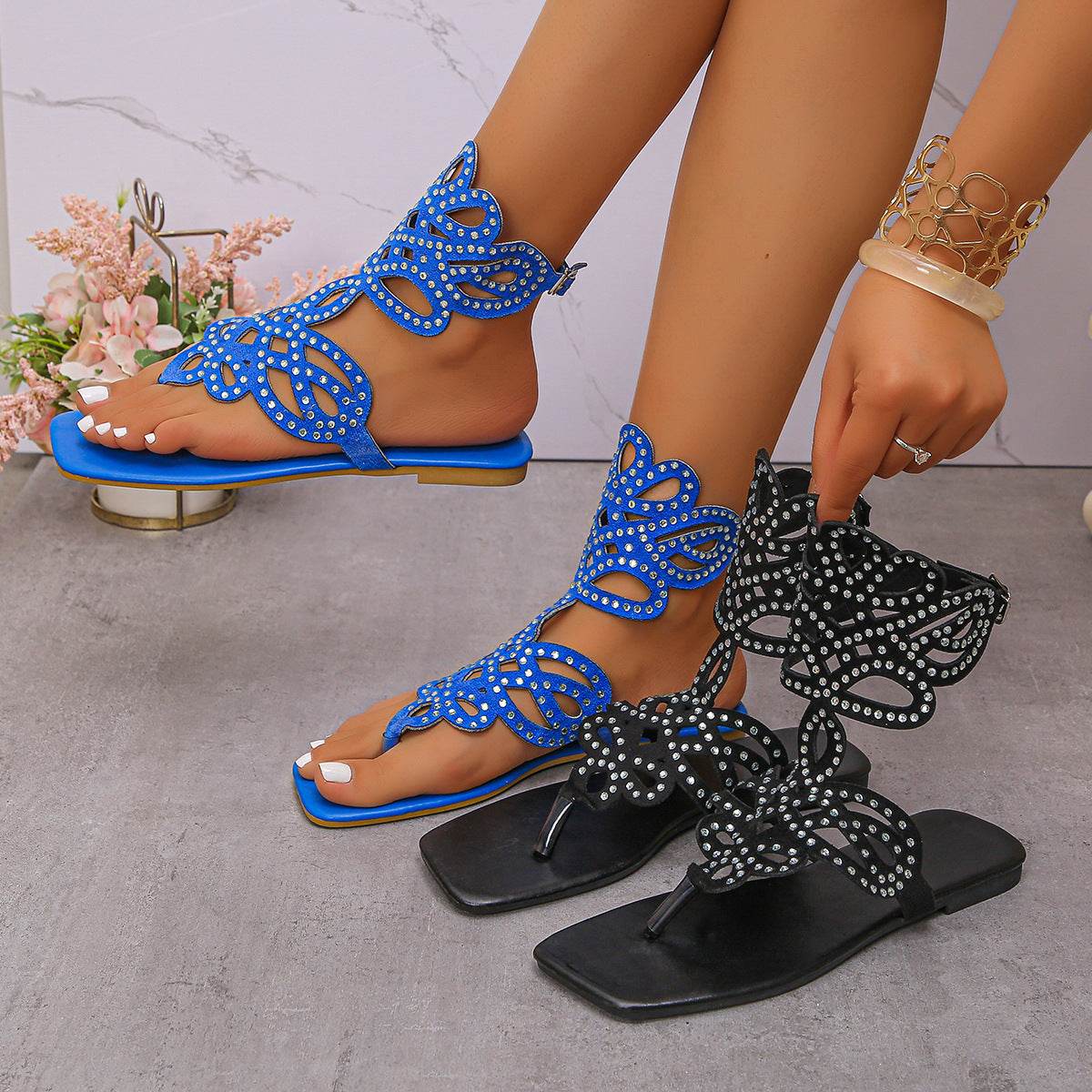 Buycenter Summer Rhinestone Buckle Flat Toe Roman Sandals for Women - Buy Center