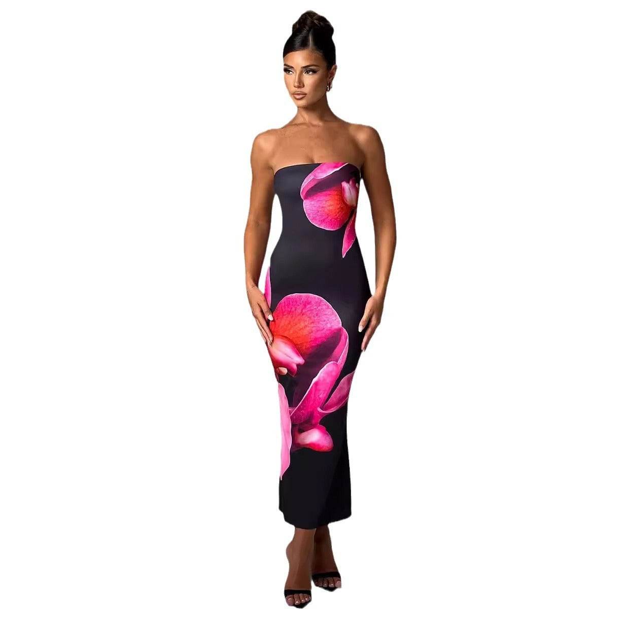 Buycenter Long Tube Top Sheath Dress - Floral Print, High Waist Design - Buy Center