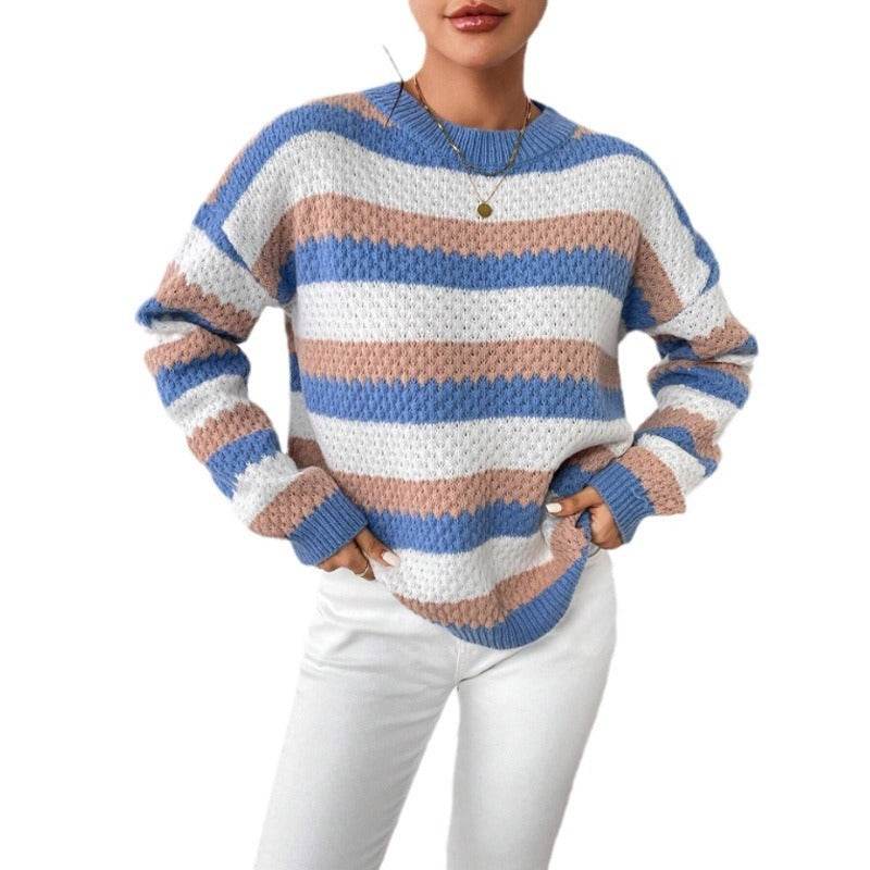 Buycenter Striped Casual Sweater - Round Neck, Long Sleeve for Women - Buy Center