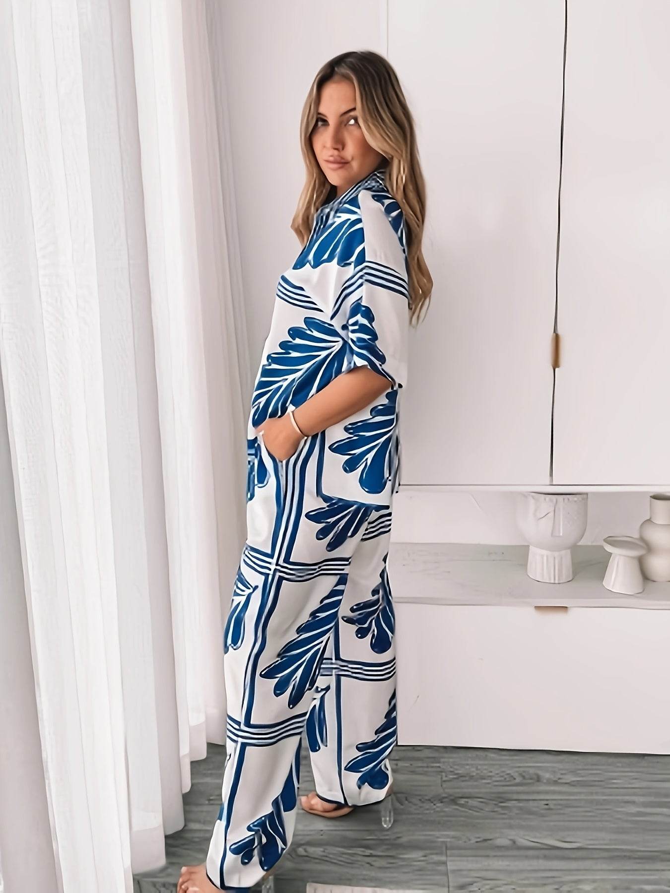 Women's Elegant Floral Print Two-Piece Set - Blue & White Summer Outfit - Buy Center