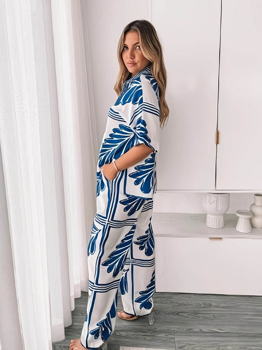 Women's Elegant Floral Print Two-Piece Set - Blue & White Summer Outfit - Buy Center