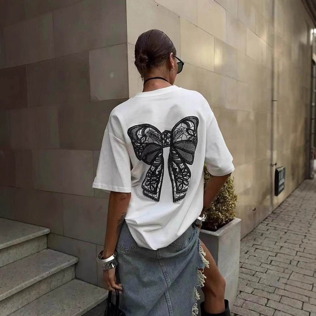 Millennium Women's Lace Stitching T-Shirt - Bowknot Short Sleeve Style - Buy Center