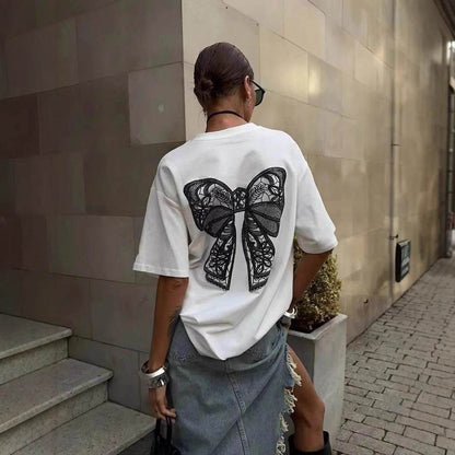 Millennium Women's Lace Stitching T-Shirt - Bowknot Short Sleeve Style - Buy Center