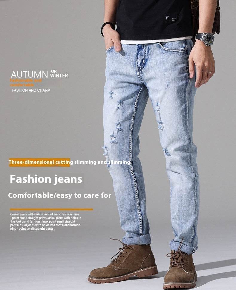 Men's Slim-Fit Ripped White Jeans - Casual Mid Waist Summer Pants - Buy Center