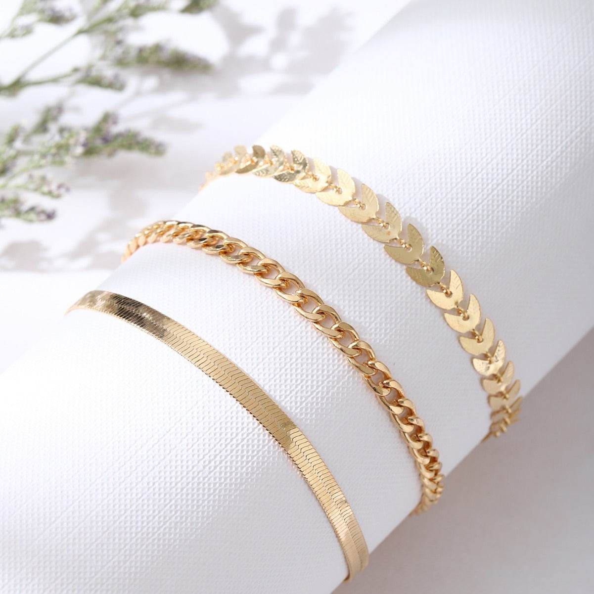 Buy Center Three-Piece Flat Snake Wheat Chain Anklet Set for Women - Buy Center