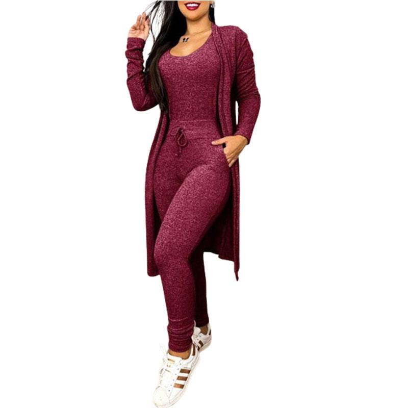 Buycenter Women's Casual Jumpsuit & Cardigan Set - High Waist & Pockets - Buy Center