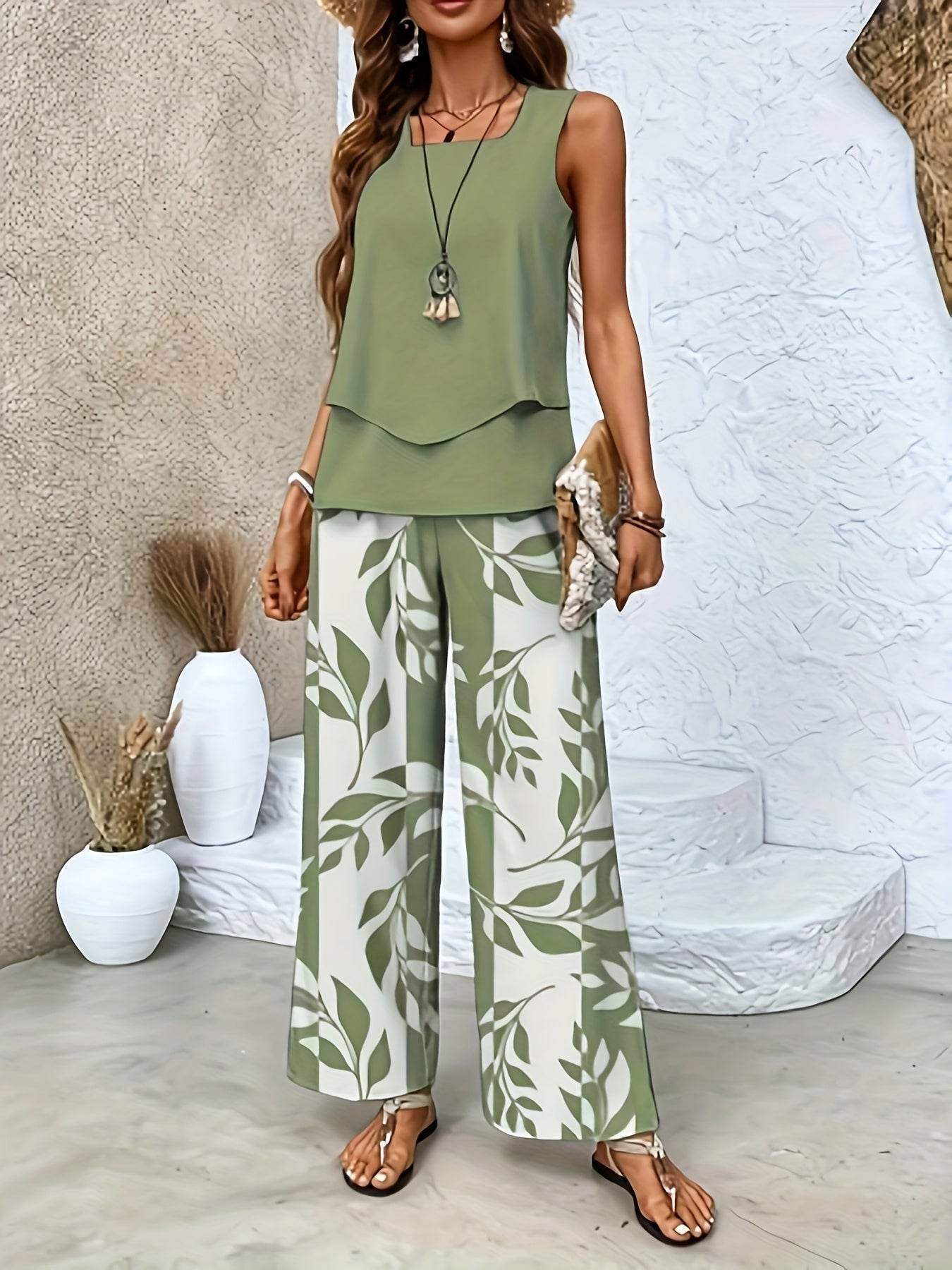 Elegant Red Sleeveless Blouse & Wide-Leg Pants Set - Spring Style - Buy Center