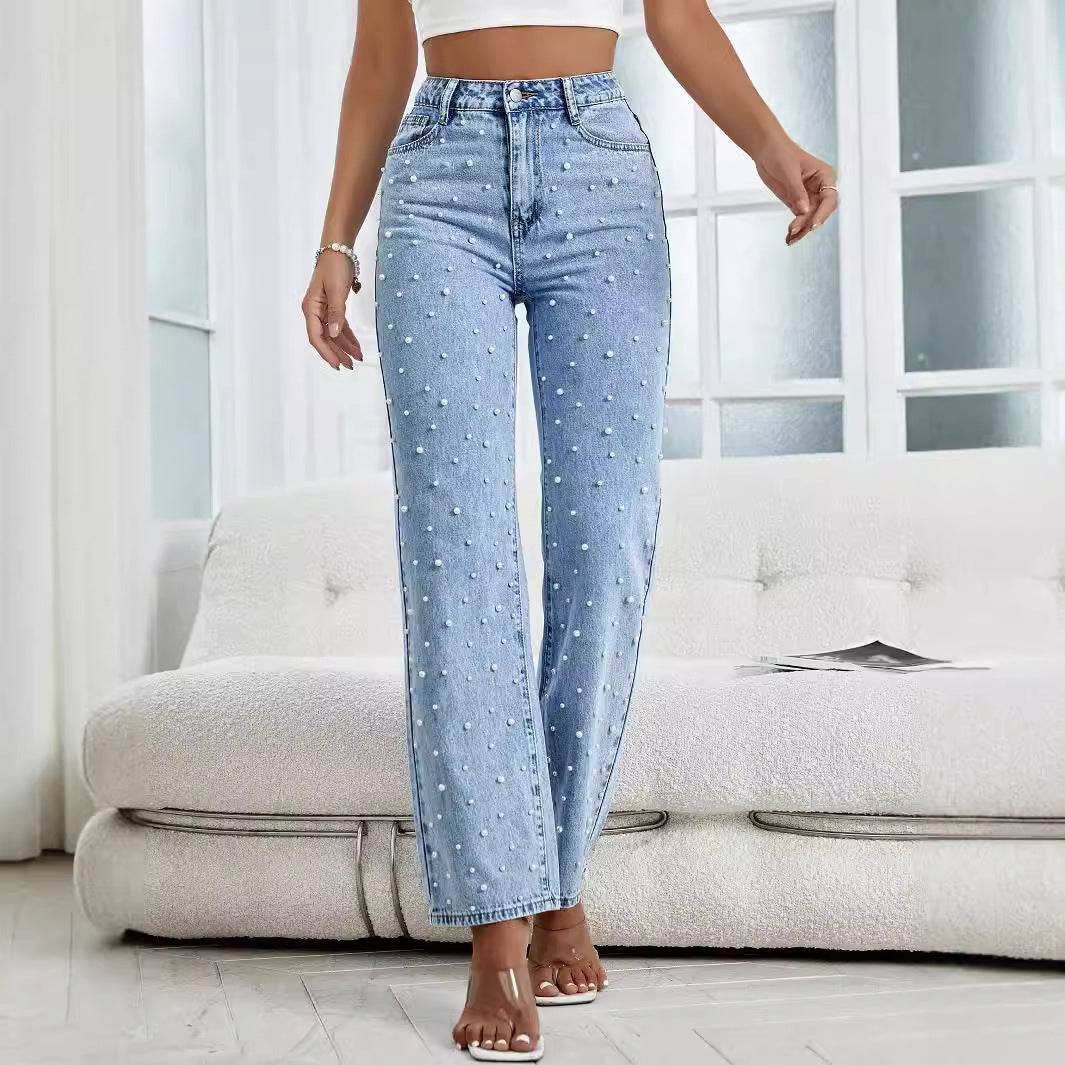 Women's Cropped Beaded Jeans - Light Blue Mid Waist Denim Trousers - Buy Center