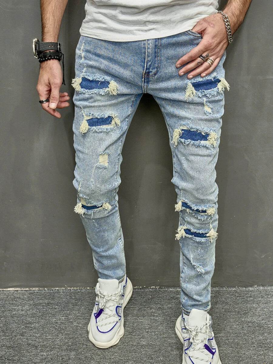 Men's Skinny Stretch Jeans - High Quality Mid Waist Trousers, Blue - Buy Center