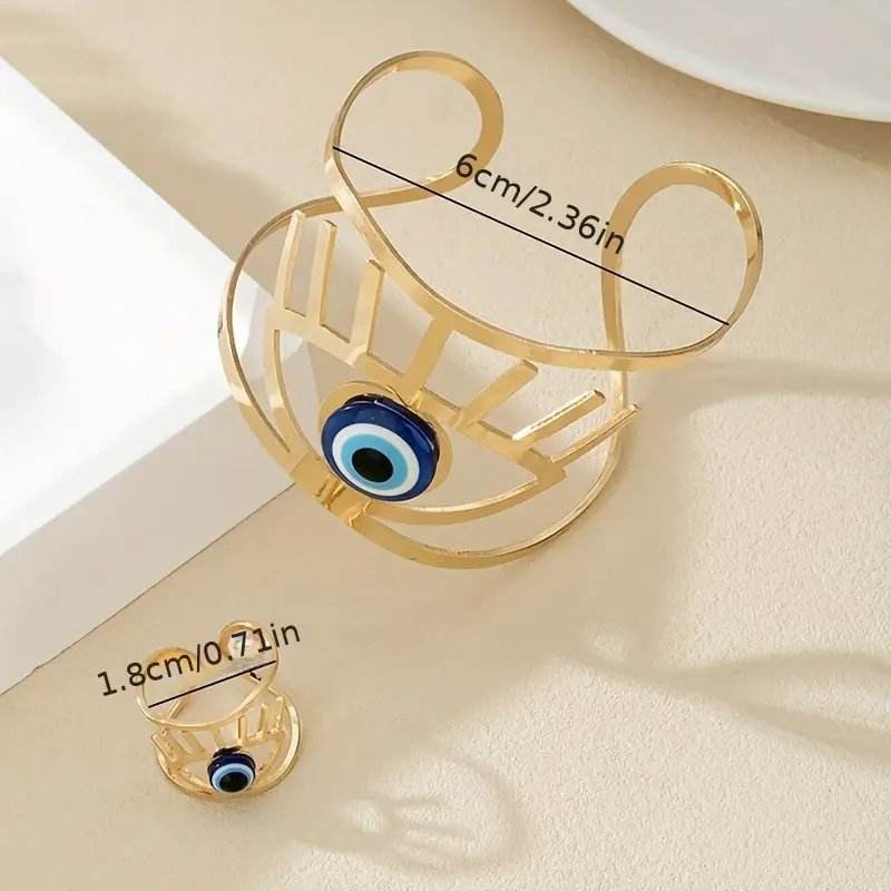 Buycenter 14K Gold Plated Bangle & Adjustable Ring Set - Golden Eye Charm - Buy Center