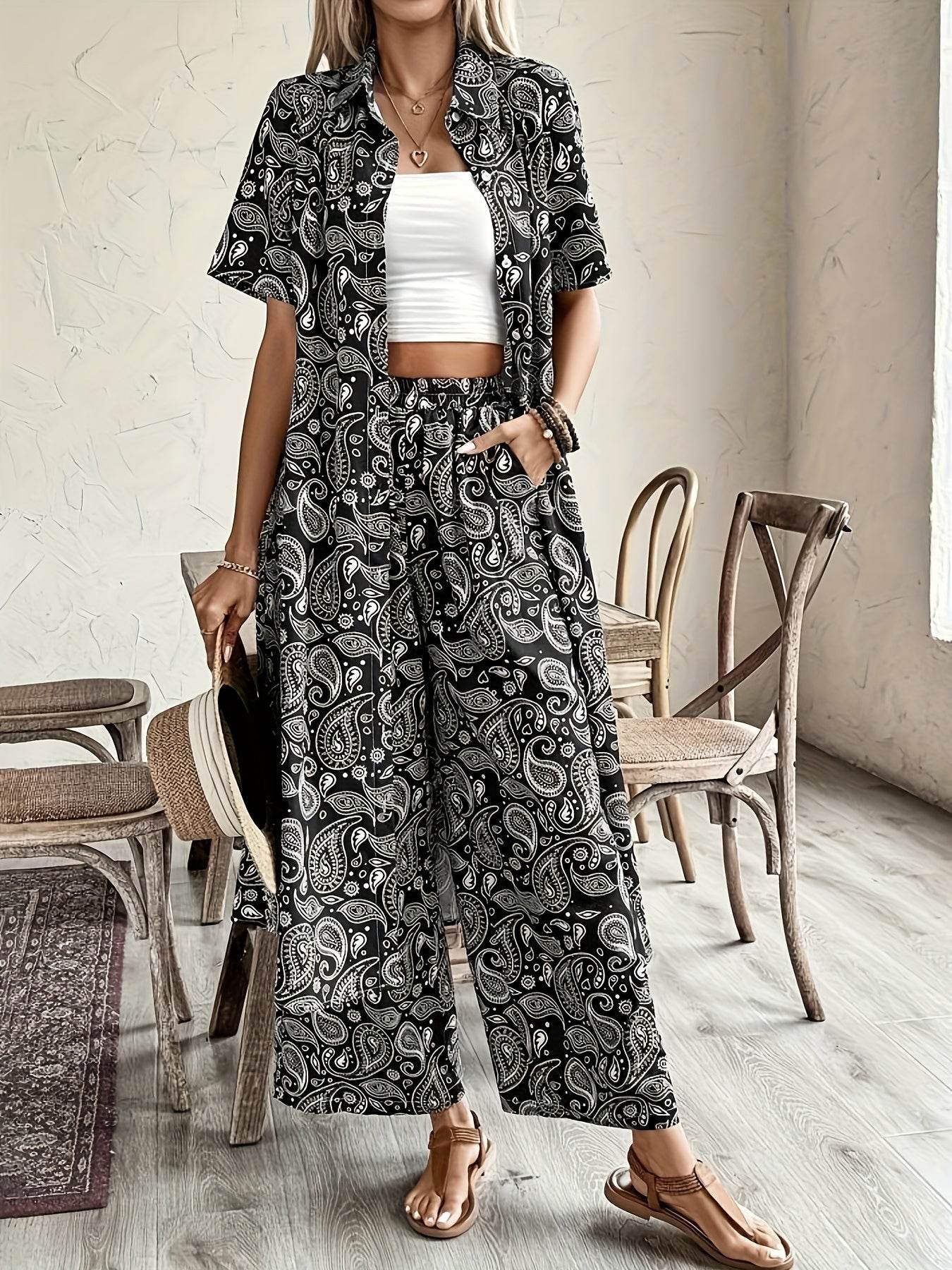 Women's Casual Two-Piece Set - Spring/Summer Paisley Blouse & Pants - Buy Center