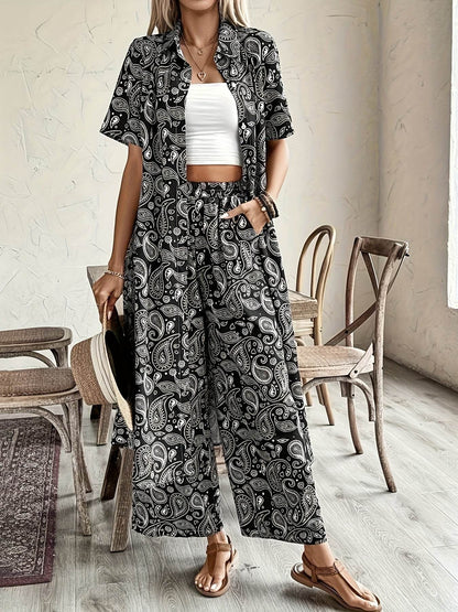 Women's Casual Two-Piece Set - Spring/Summer Paisley Blouse & Pants - Buy Center