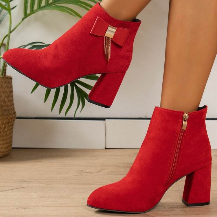 Buycenter Chunky Heel Side Zipper Boots - Stylish Red Suede for Women - Buy Center
