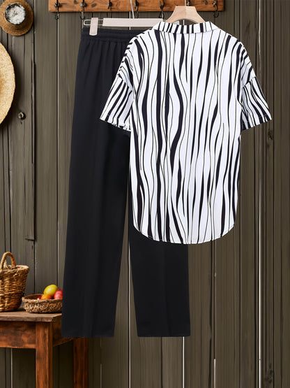Women's Trendy Loose Striped Print Set - Long Sleeve Shirt & Pants - Buy Center