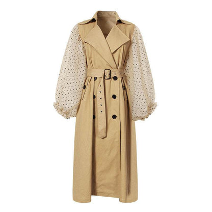 Buycenter Women's Mid-Length Trench Coat - Casual Cotton Dots Design - Buy Center