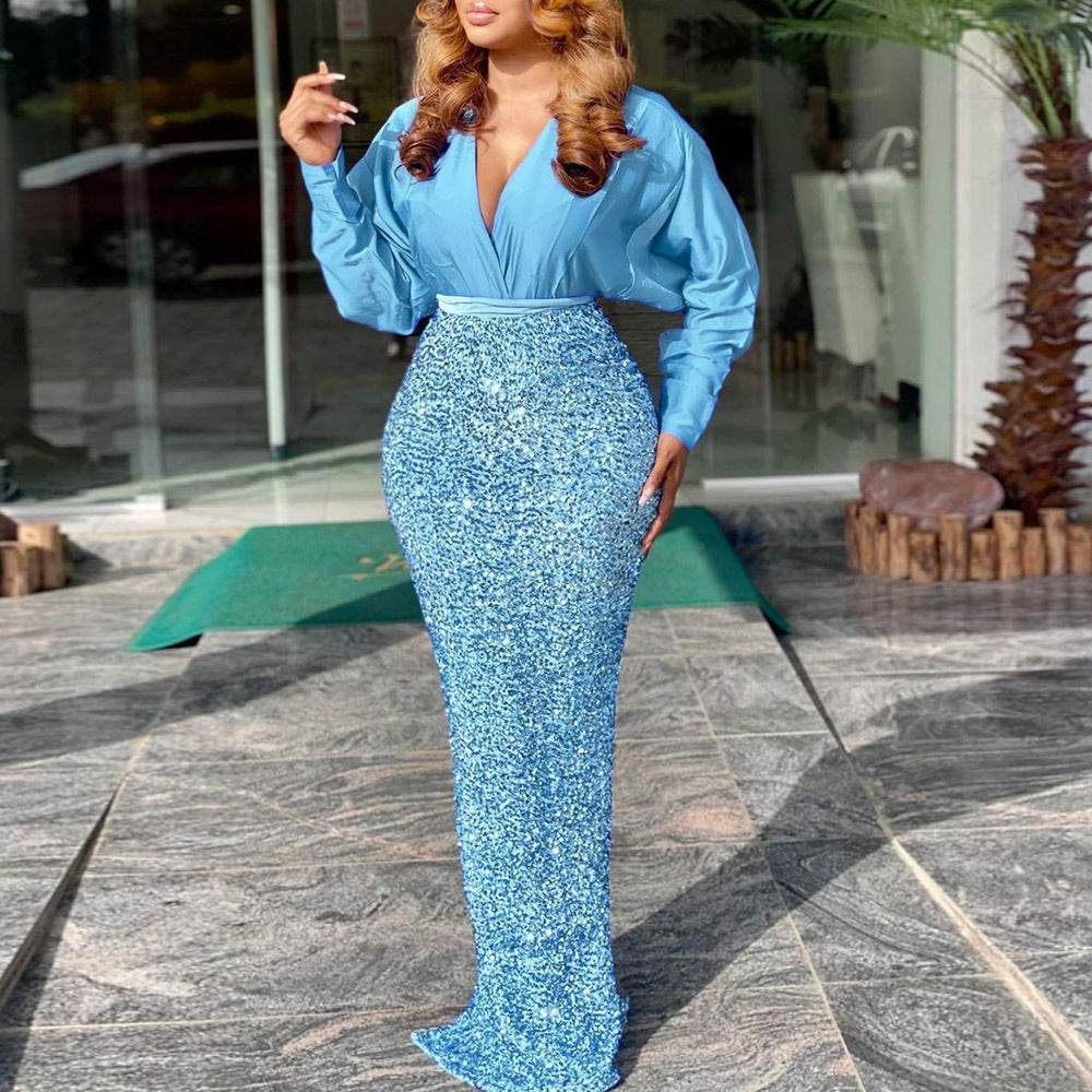 Embroidered Sky Blue Evening Dress - Ladies' Long Skirt, Irregular Design - Buy Center