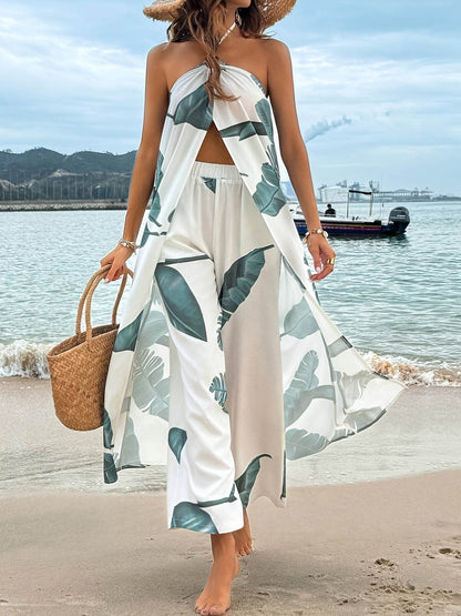 Stylish Women's Tropical Plant Print Two-Piece Set - Camisole & Pants - Buy Center