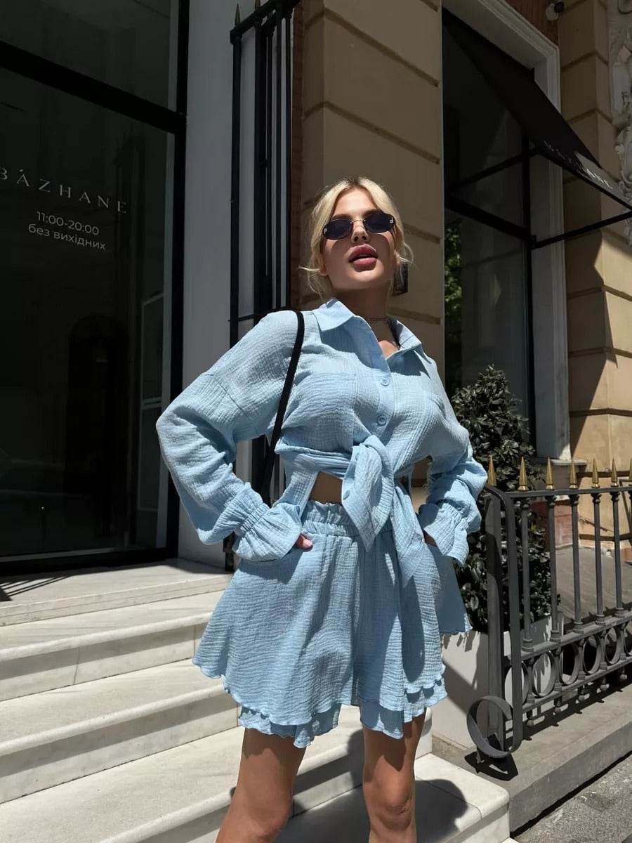 Ruffled Long Sleeve Shirt & Casual Shorts Set - Premium Cotton in Colors - Buy Center