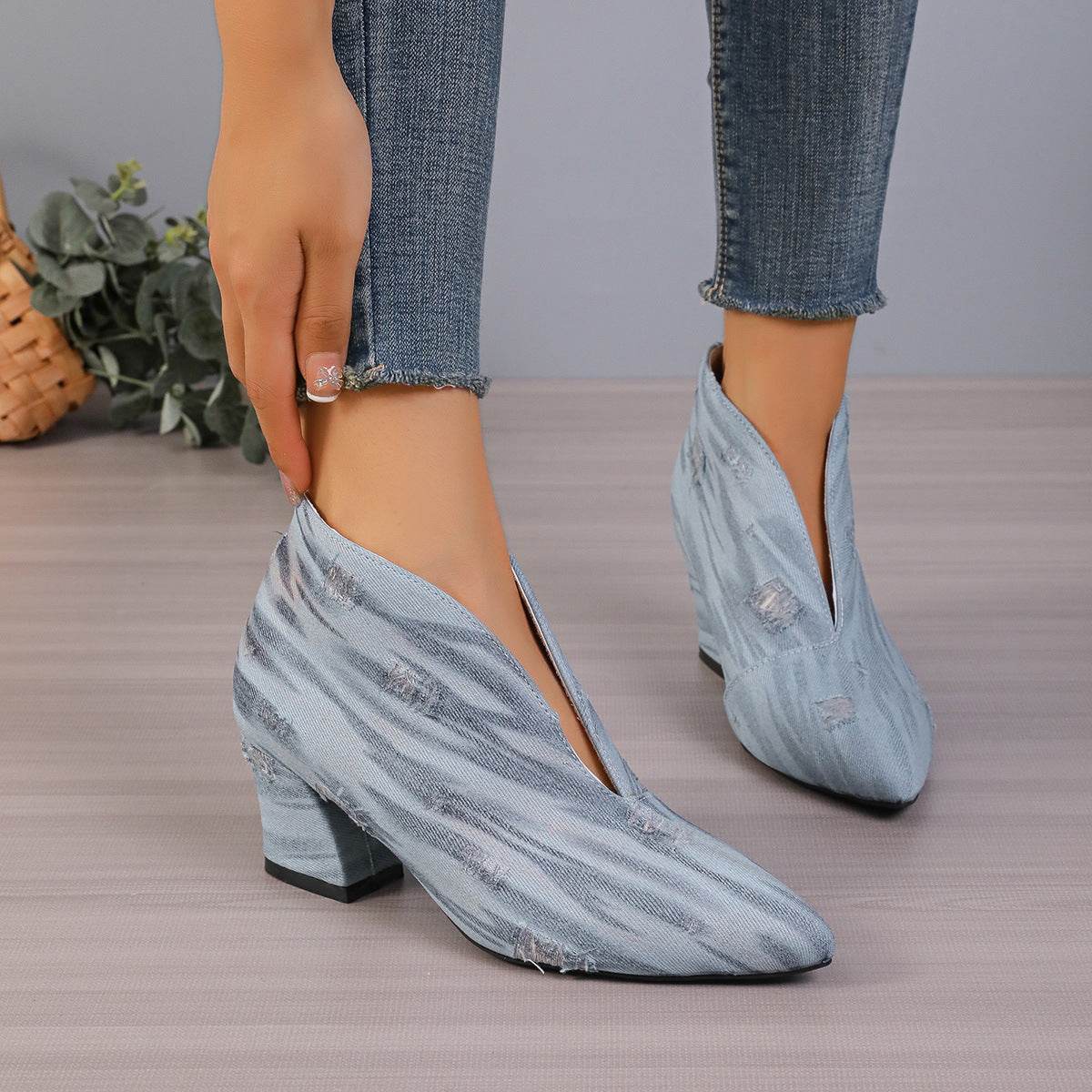 Buycenter Women's V Cut Denim Booties - Chunky Mid Heel, Pointed Toe - Buy Center