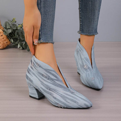 Buycenter Women's V Cut Denim Booties - Chunky Mid Heel, Pointed Toe - Buy Center