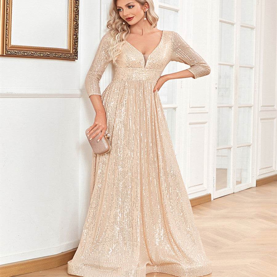 Buycenter V-neck Sequined Party Dress - High Waist, Elegant Evening Style - Buy Center