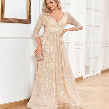 Buycenter V-neck Sequined Party Dress - High Waist, Elegant Evening Style - Buy Center