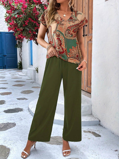 Floral Print Two-Piece Set - V Neck Top & Wide Leg Pants - Buy Center