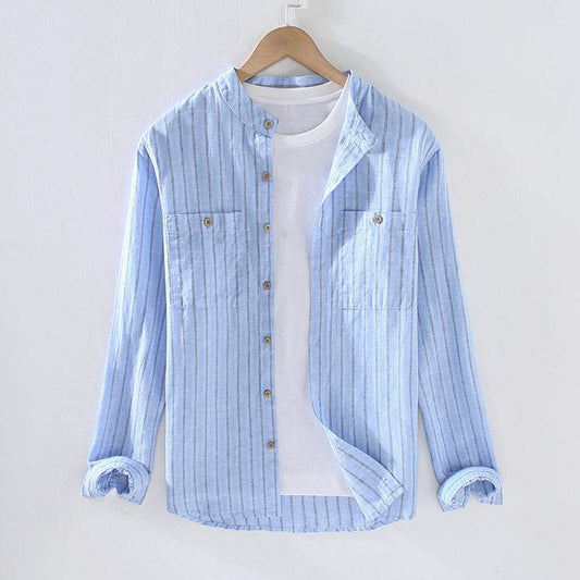 Striped Chinese Style Blouse - Elegant Stand Collar, Long Sleeve Cotton Linen - Buy Center