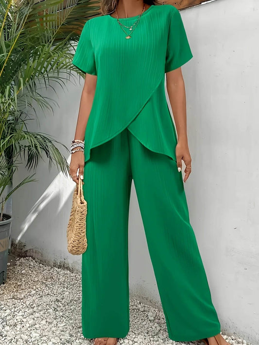 Elegant Two-Piece Set - Asymmetrical Hem Top & Wide-Leg Pants - Buy Center