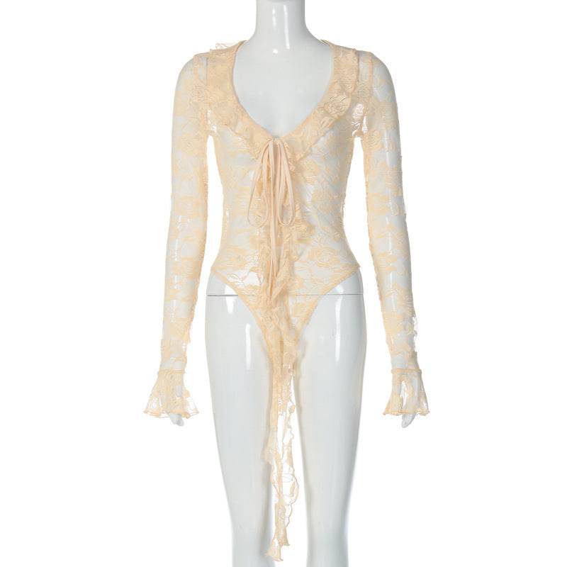 Apricot Patchwork Lace Irregular Jumpsuit - Sexy Tight Fit for Women - Buy Center