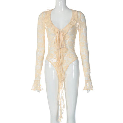 Apricot Patchwork Lace Irregular Jumpsuit - Sexy Tight Fit for Women - Buy Center