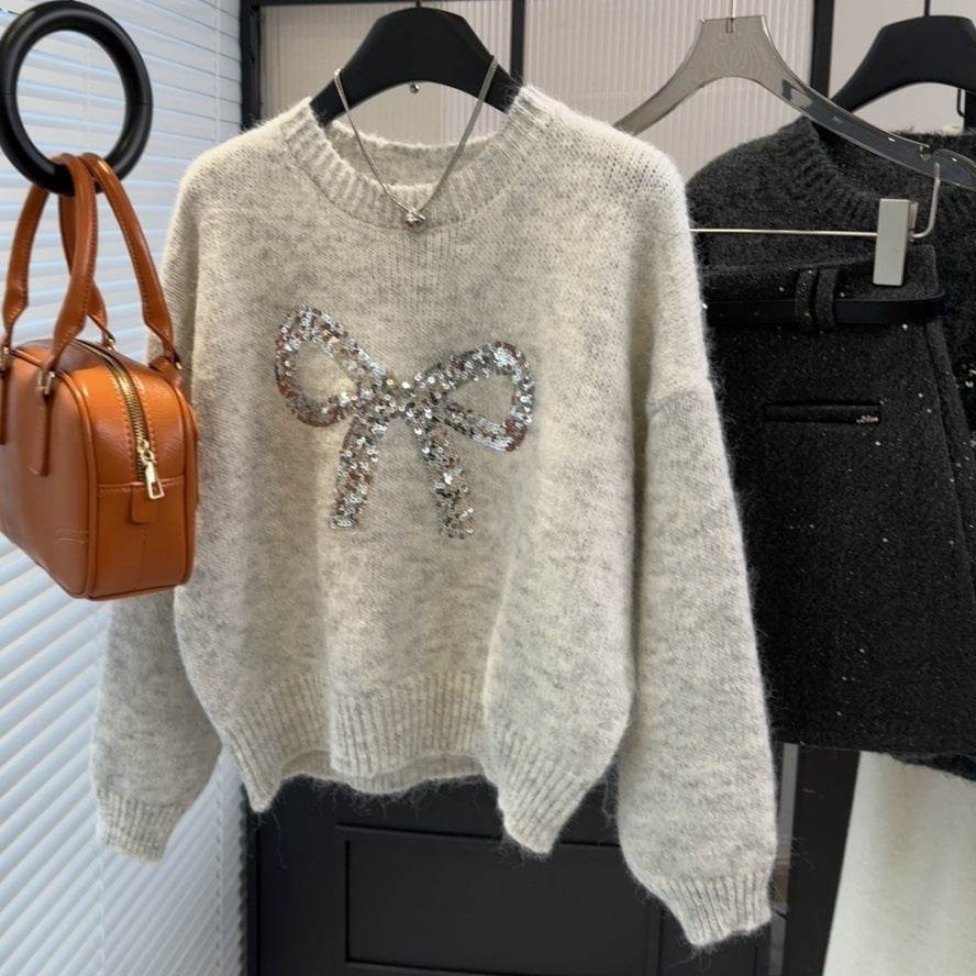 Women's Heavy-Duty Bow Sequined Pullover Sweater - Casual Loose Fit - Buy Center