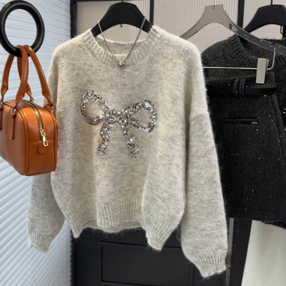 Women's Heavy-Duty Bow Sequined Pullover Sweater - Casual Loose Fit - Buy Center