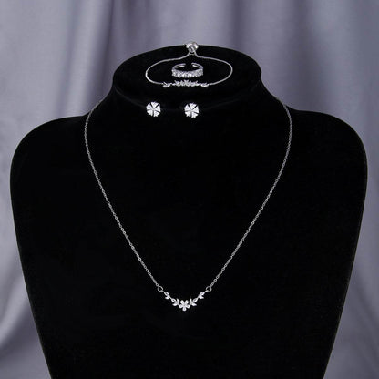 Elegant Zircon Inlaid Jewelry Set - Silver Necklace, Ring, Earrings & Bracelet - Buy Center
