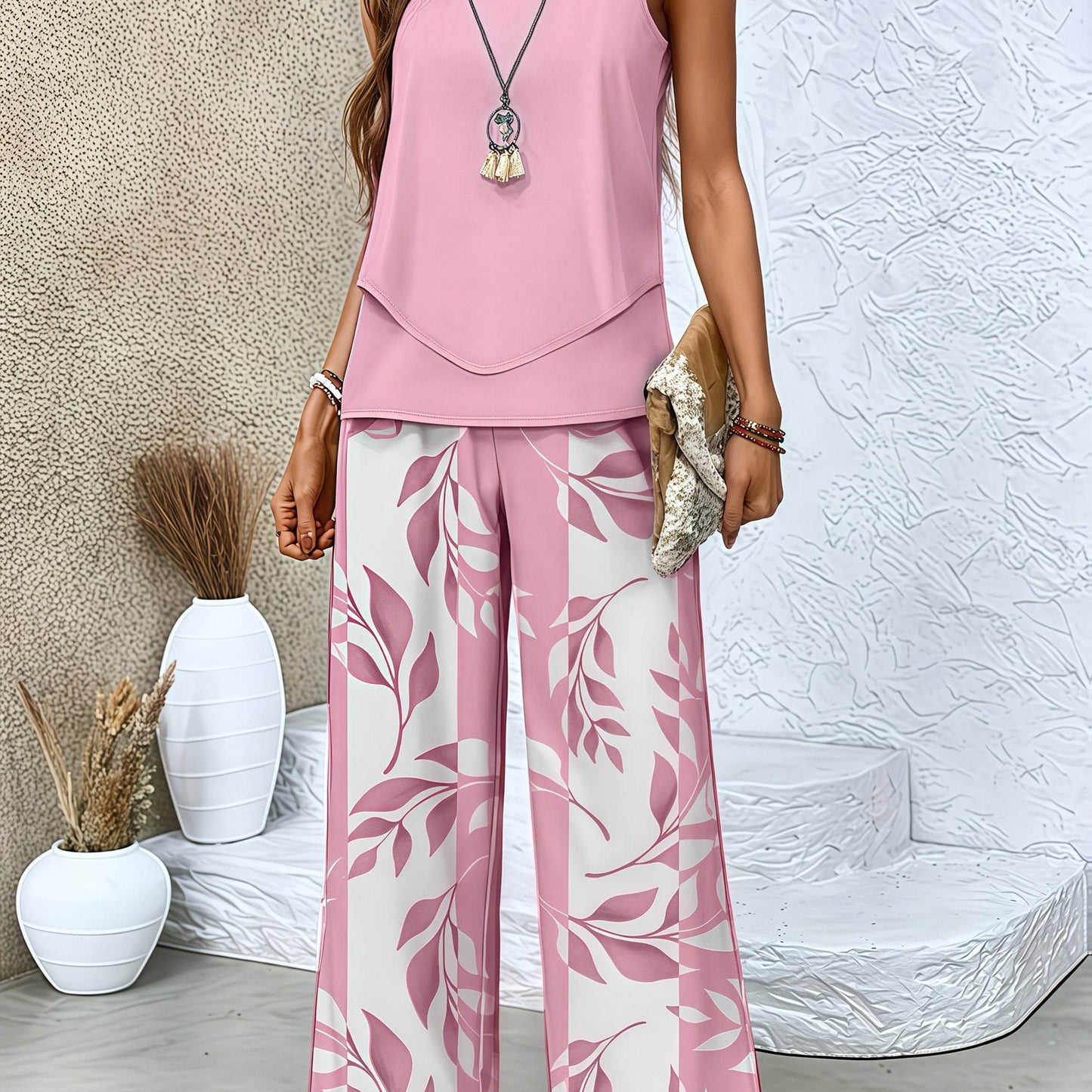 Elegant Red Sleeveless Blouse & Wide-Leg Pants Set - Spring Style - Buy Center