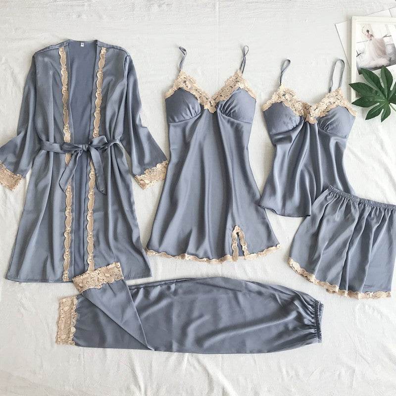 Women's Five-Piece Imitated Silk Pajamas Set - Cool & Comfortable Sleepwear - Buy Center