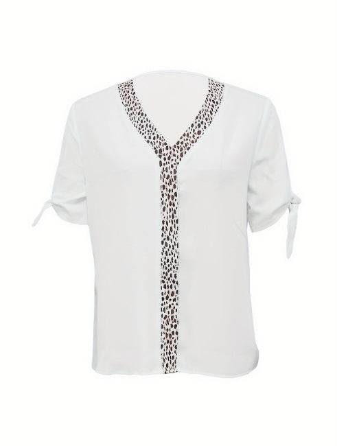 Women's Leopard Print Collar Top - Casual Bow Tie Summer Blouse - Buy Center