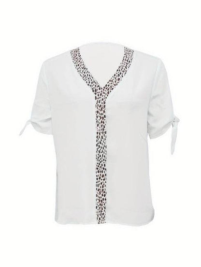 Women's Leopard Print Collar Top - Casual Bow Tie Summer Blouse - Buy Center