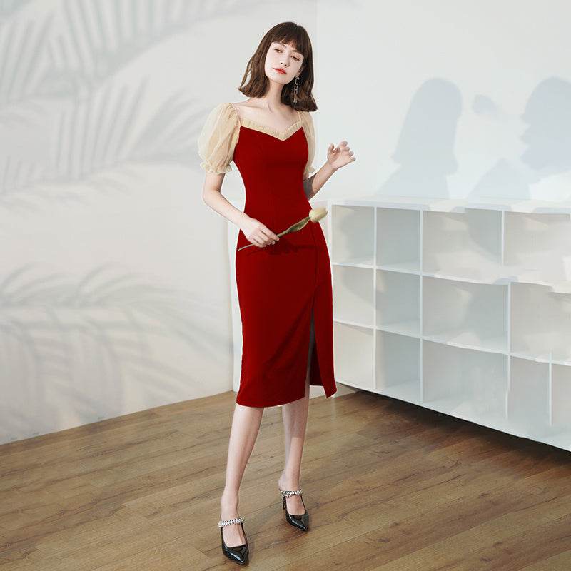 Buycenter Burgundy Medium Length Dress for Women - Elegant Evening Wear - Buy Center