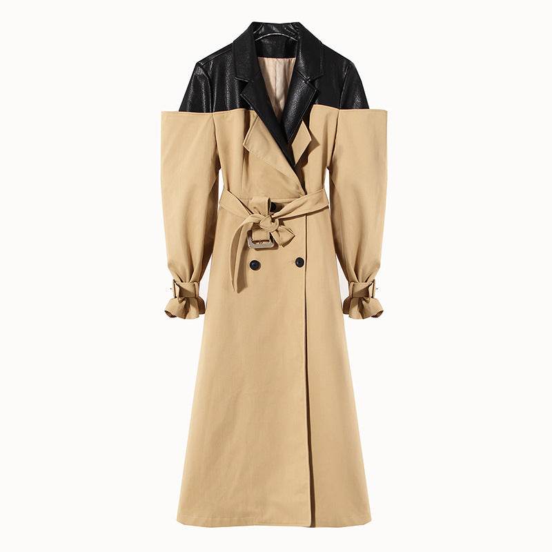 Buycenter Women's Double Breasted Overknee Coat - Stylish Khaki & Black - Buy Center