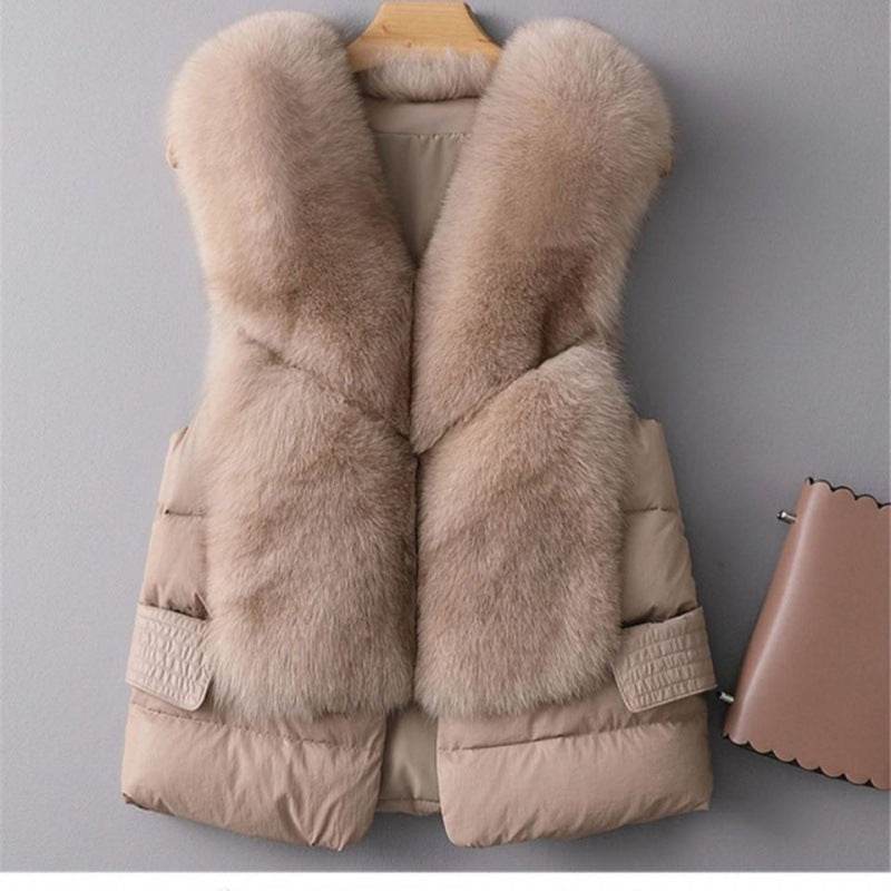 Women's Winter Short Down Jacket - Imitation Fox Fur Vest, Stylish & Warm - Buy Center