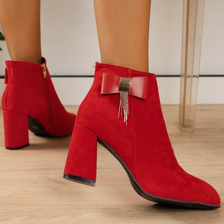 Buycenter Chunky Heel Side Zipper Boots - Stylish Red Suede for Women - Buy Center