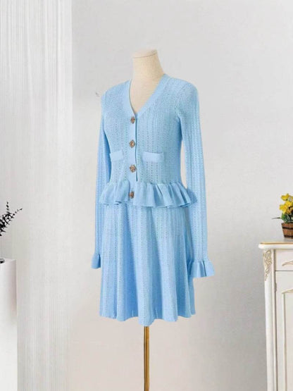 Niche V-Neck Knitted Midi Dress - High Waist A-Line for Elegant Style - Buy Center