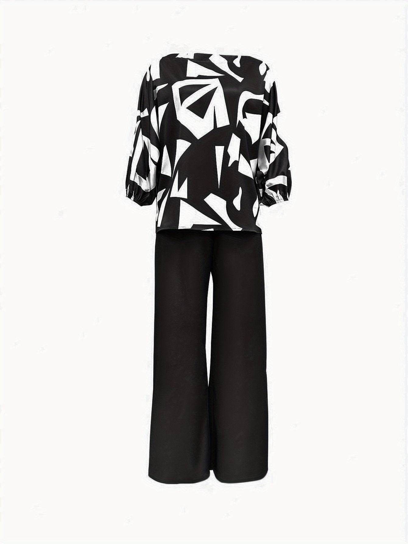 Geometric Printed Casual Top & Pants Set - 100% Polyester, All Season - Buy Center