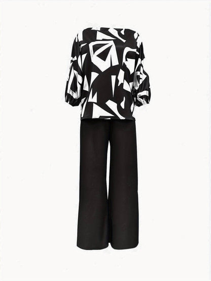 Geometric Printed Casual Top & Pants Set - 100% Polyester, All Season - Buy Center