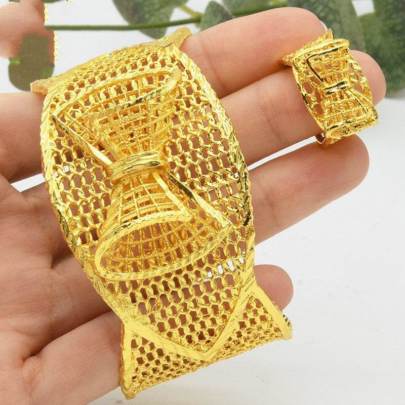 Women's Alluvial Gold Bracelet Ring Set - C-Shaped Ripple Design - Buy Center