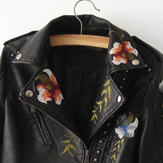 Buycenter Fashion Rivet Flower Embroidered PU Leather Jacket - Stylish & Trendy - Buy Center