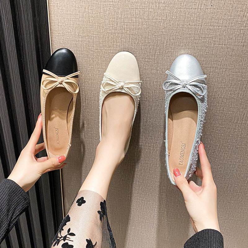 Women's Low-Cut Bow Pumps - Stylish Cloud Gray Flat Bottom Shoes - Buy Center