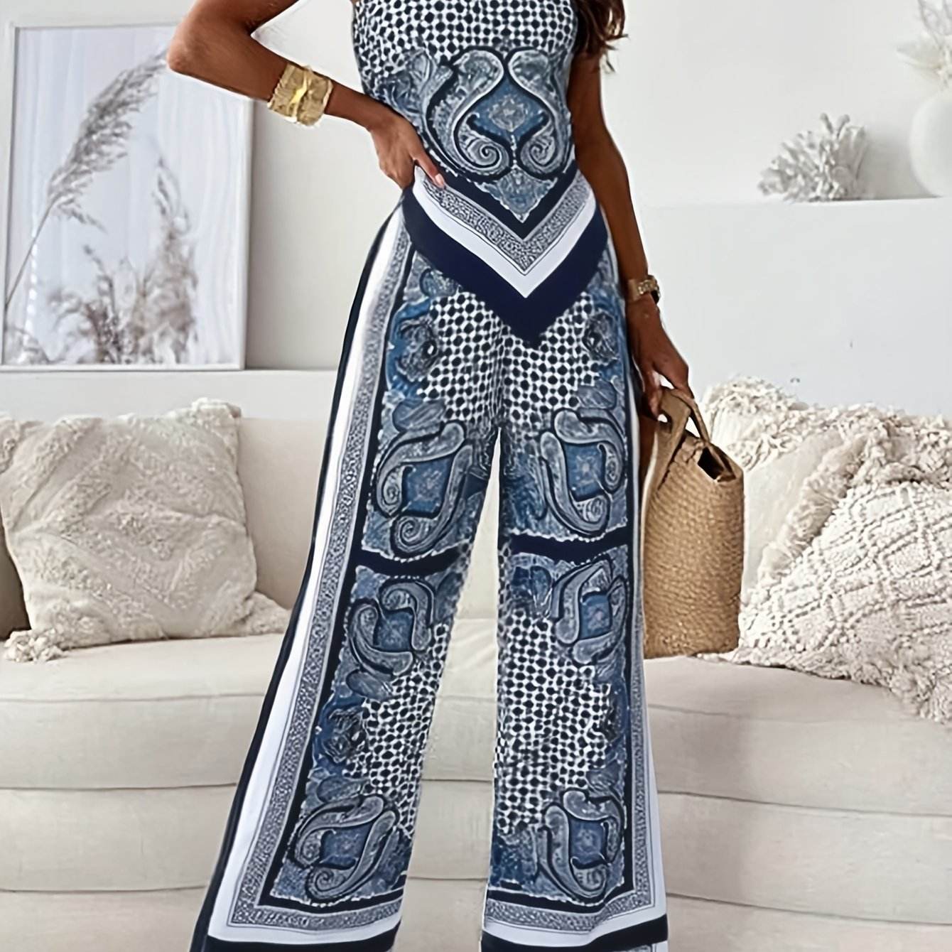 Elegant Women's Lace Up Vest and Wide Leg Pants Set - Spring/Summer Fashion - Buy Center