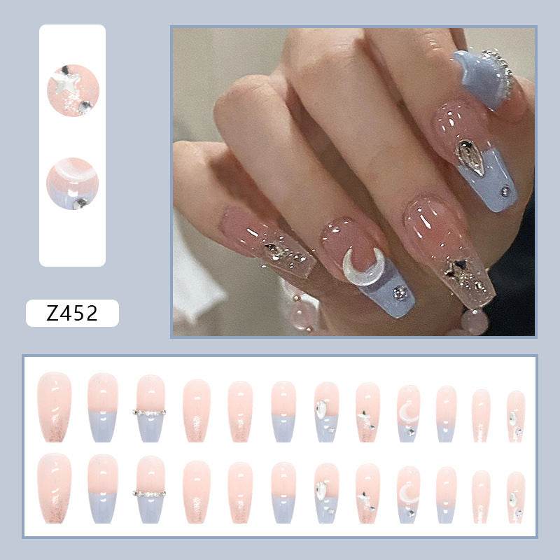 Stylish Stars and Moon Fake Nails - Chic French Design in Light Blue - Buy Center